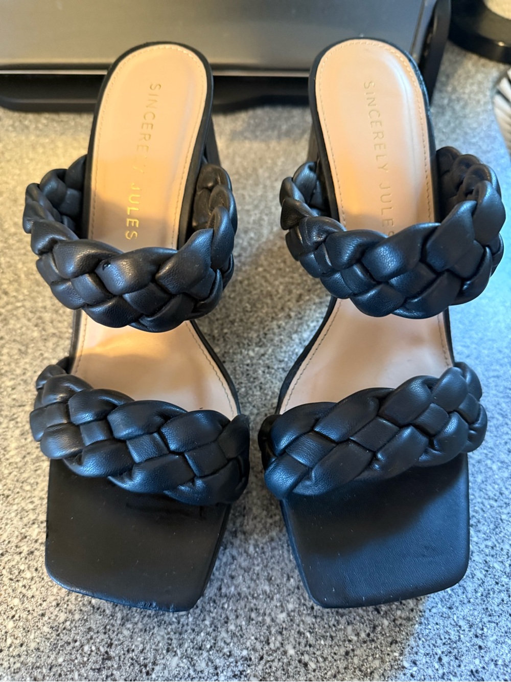 Sincerely Jules Black Braided Double-Strap Slide Heels